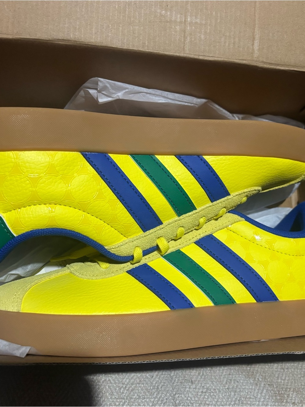 Bright adidas Yellow VL Court Low-Top Sneakers with Blue & Green Stripes